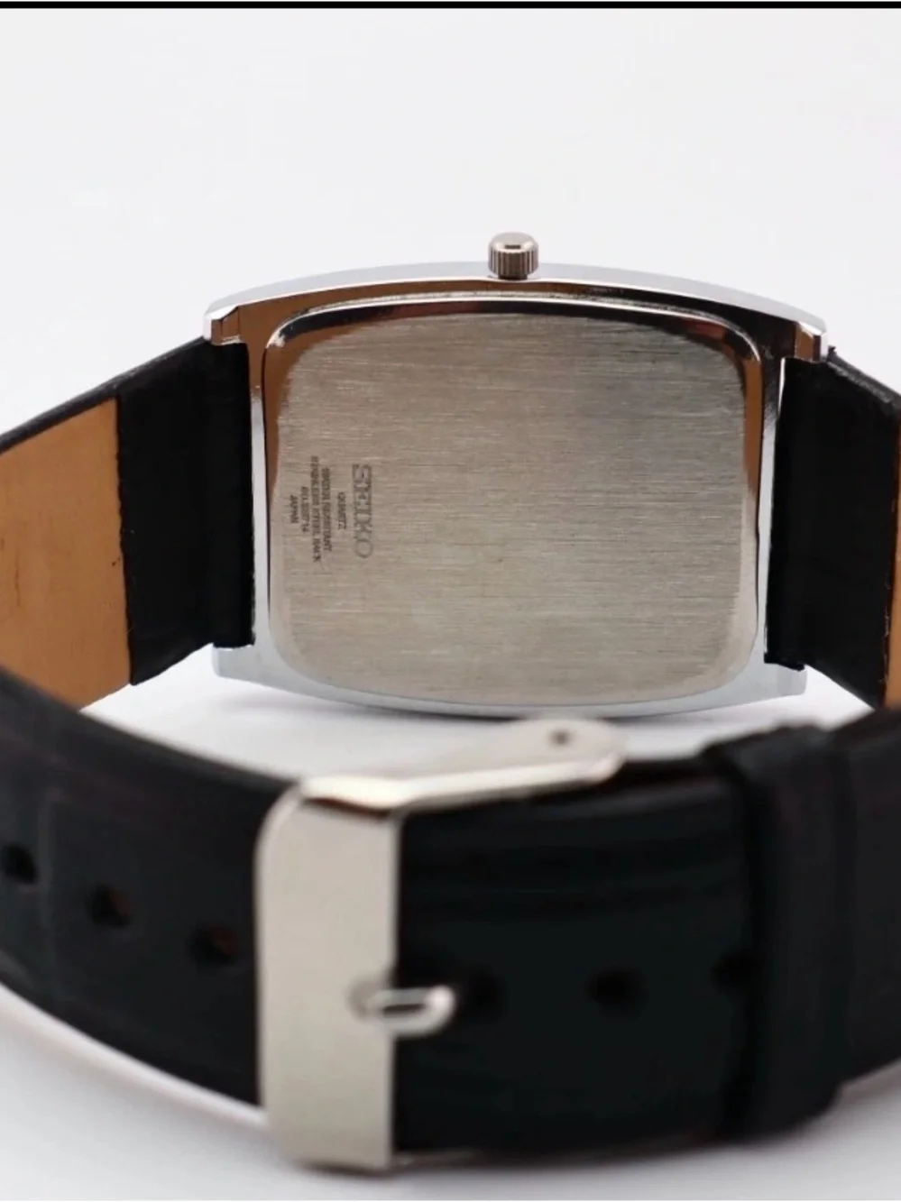 Seiko Silver Case Black Leather Strap Watch - White Dial